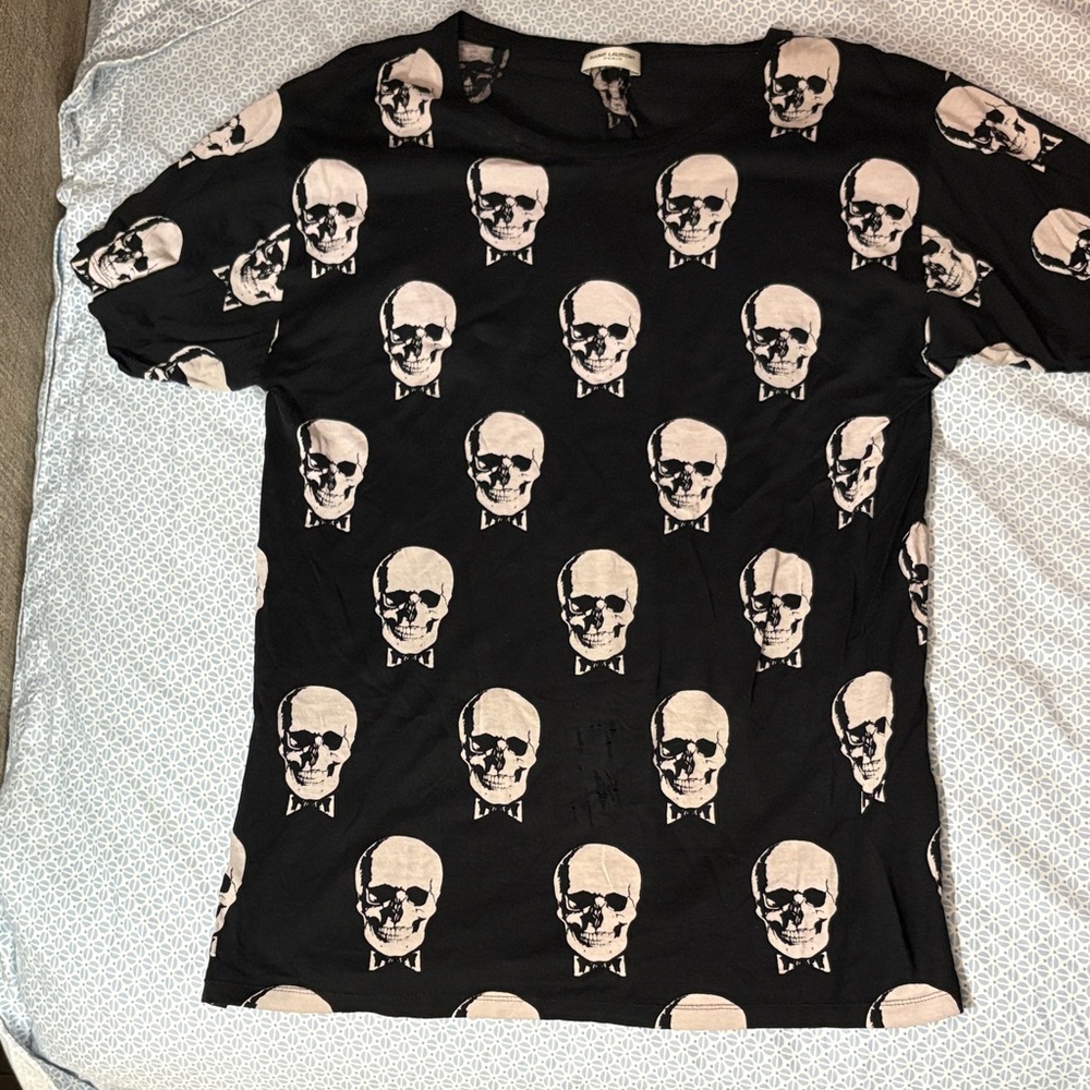 Saint Laurent Black Skull Pattern Men’s semi sheer Tee